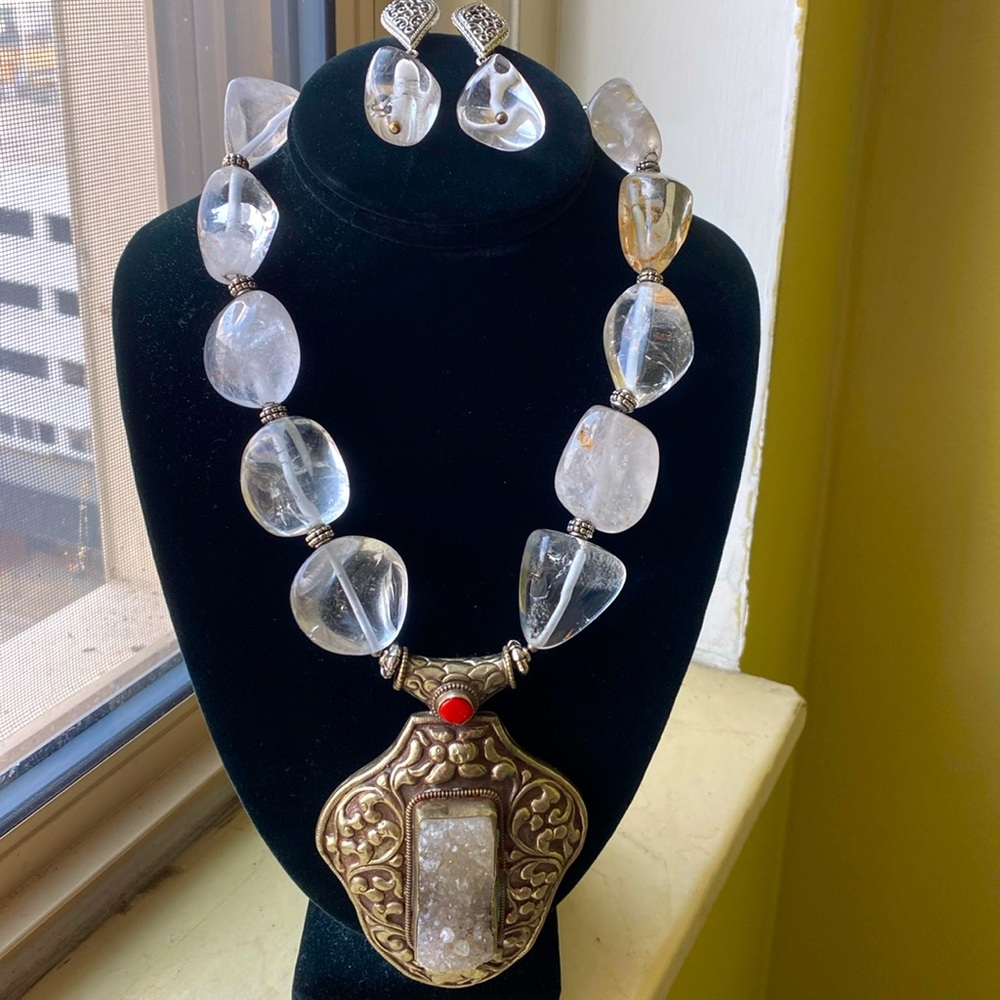 Quartz one-of-a-kind statement necklace and earring set.